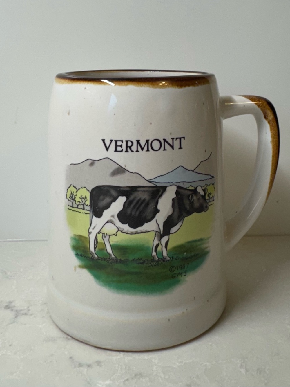 Vintage Vermont Cow Ceramic Mug - White Speckled with Brown Trim